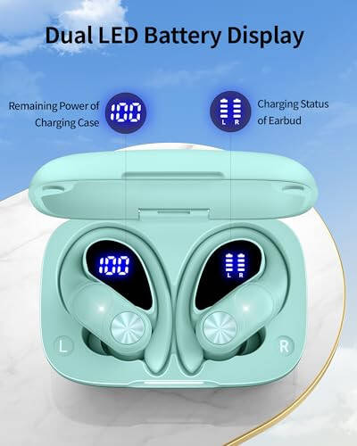 PocBuds Bluetooth Headphones Wireless Earbuds 80hrs Playtime Wireless Charging Case Digital Display Sport Ear buds with Earhook Deep Bass IPX7 Waterproof Over-Ear Earphones for Phone Laptop Mint Green - 3