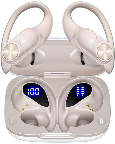 PocBuds Bluetooth Headphones Wireless Earbuds 80hrs Playtime Wireless Charging Case Digital Display Sport Ear buds with Earhook Deep Bass IPX7 Waterproof Over-Ear Earphones for Phone Laptop Pearl Gray - 1