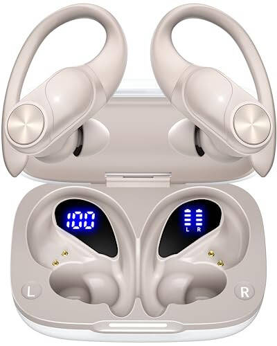 PocBuds Bluetooth Headphones Wireless Earbuds 80hrs Playtime Wireless Charging Case Digital Display Sport Ear buds with Earhook Deep Bass IPX7 Waterproof Over-Ear Earphones for Phone Laptop Pearl Gray - 1