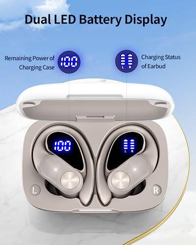 PocBuds Bluetooth Headphones Wireless Earbuds 80hrs Playtime Wireless Charging Case Digital Display Sport Ear buds with Earhook Deep Bass IPX7 Waterproof Over-Ear Earphones for Phone Laptop Pearl Gray - 3