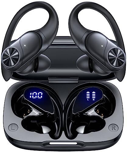 PocBuds Bluetooth Headphones Wireless Earbuds 80hrs Playtime Wireless Charging Case Digital Display Sports Ear Buds with Earhook Deep Bass IPX7 Waterproof Over-Ear Earphones for TV Phone Laptop Black - 1