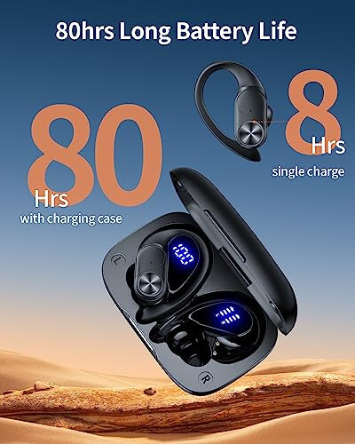 PocBuds Bluetooth Headphones Wireless Earbuds 80hrs Playtime Wireless Charging Case Digital Display Sports Ear Buds with Earhook Deep Bass IPX7 Waterproof Over-Ear Earphones for TV Phone Laptop Black - 2