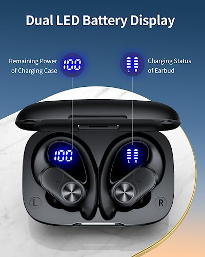 PocBuds Bluetooth Headphones Wireless Earbuds 80hrs Playtime Wireless Charging Case Digital Display Sports Ear Buds with Earhook Deep Bass IPX7 Waterproof Over-Ear Earphones for TV Phone Laptop Black - 3