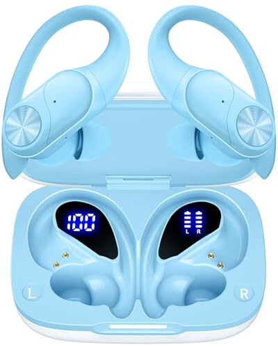 PocBuds Bluetooth Headphones Wireless Earbuds 80hrs Playtime Wireless Charging Case Digital Display Sports Ear Buds with Earhook Deep Bass IPX7 Waterproof Over-Ear Earphones for TV Phone Laptop Blue - 1