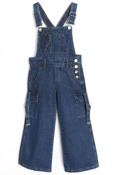 Pocket and Button Detailed, Wide Leg Girls' Overall 2-15 Years Navy - 1