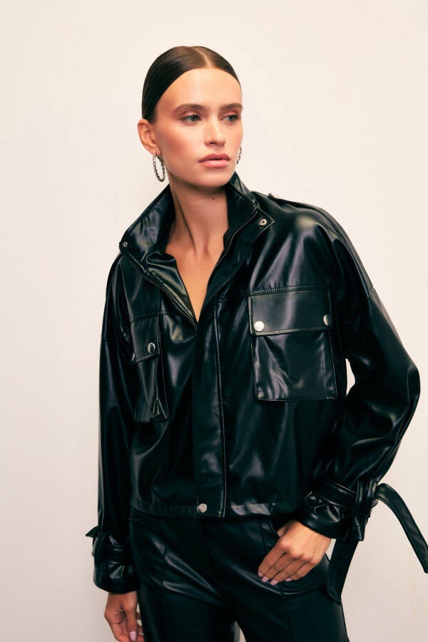 Pocket Leather Jacket - BLACK - 1