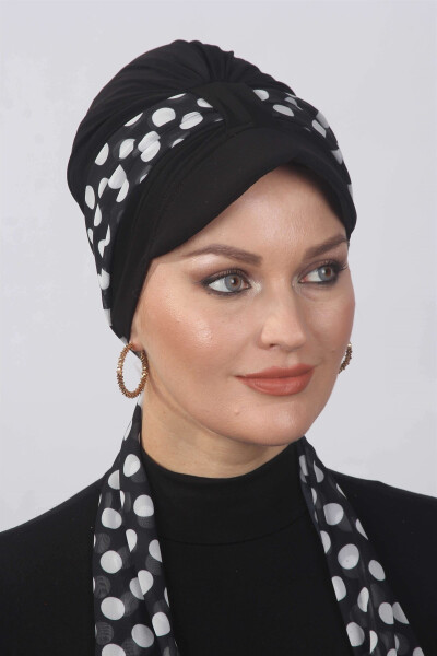 Polka Dot Scarf Hat Bonnet Black - 2