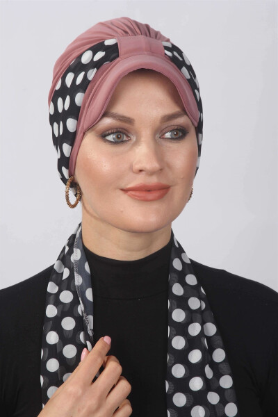 Polka Dot Scarf Hat Bonnet Dried Rose - 3