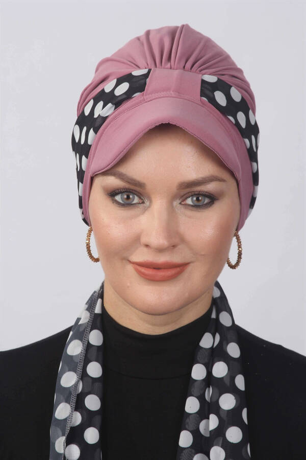 Polka Dot Scarf Hat Bonnet Dried Rose - 4