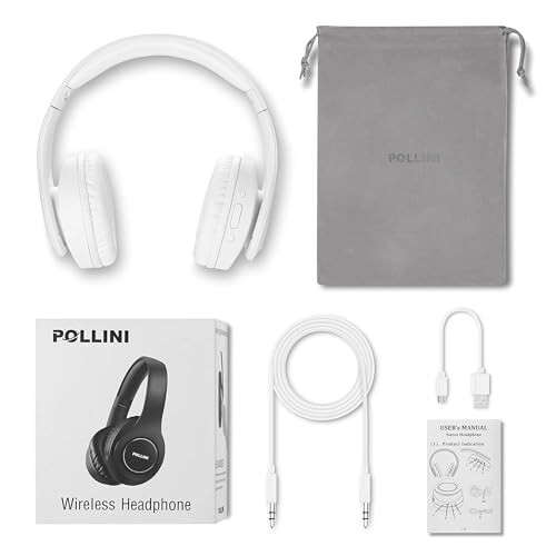 Pollini Bluetooth Headphones Wireless, 40H Playtime Foldable Over Ear Headphones with Microphone, Deep Bass Stereo Headset with Soft Memory-Protein Earmuffs for Phone/PC (White) - 6