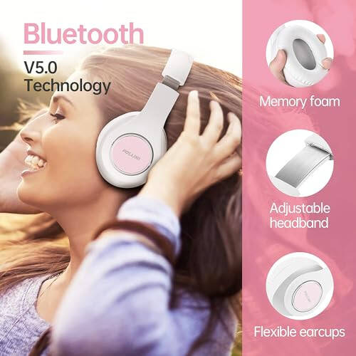 Pollini Bluetooth simsiz quloqchinlari, 40 soat o'ynash vaqti, katlanadigan quloq usti quloqchinlari mikrofonli, chuqur bas stereo eshitish moslamasi, telefon/kompyuter uchun yumshoq xotira-oqsil quloqchalar bilan (oq) - 3