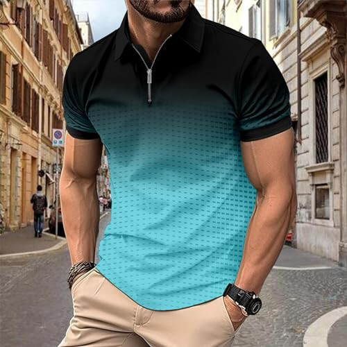 Polo Shirts for Men Loose Fit Short Sleeve Contrast Color Print Quarter-Zip Golf Shirt Summer Spring Causal Tops - 2