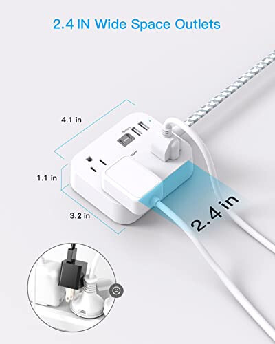 Полоса питания с USB, удлинитель с плоским тонким штекером 5 футов с 3 розетками 4 USB-портами (2USB C) для настенного монтажа на стол, зарядная станция, без защиты от перенапряжения для путешествий, круизного лайнера, студенческого общежития - 5