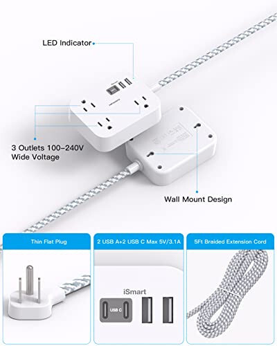 Полоса питания с USB, удлинитель с плоским тонким штекером 5 футов с 3 розетками 4 USB-портами (2USB C) для настенного монтажа на стол, зарядная станция, без защиты от перенапряжения для путешествий, круизного лайнера, студенческого общежития - 7