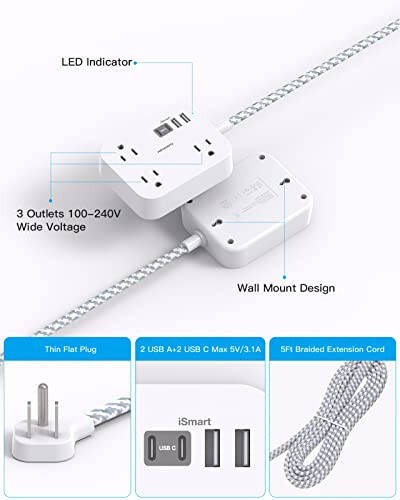 Полоса питания с USB, удлинитель с плоским тонким штекером 5 футов с 3 розетками 4 USB-портами (2USB C) для настенного монтажа на стол, зарядная станция, без защиты от перенапряжения для путешествий, круизного лайнера, студенческого общежития - 7