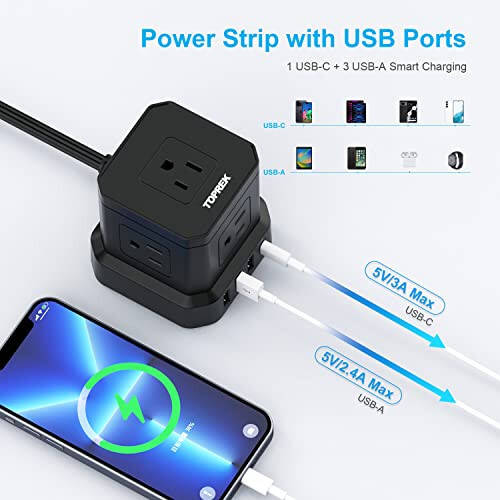 Полоса питания с USB, USB C (3.0A) Полоса питания, 5 FT Ультратонкий плоский штекерный разветвитель с 5 розетками, 1 USB-C & 3 USB-A, TOPREK Полоса питания Защита от перенапряжения Компактный для дома, офиса, общежития, путешествий - 3