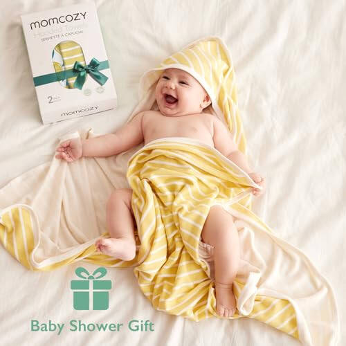 Полотенце с капюшоном для младенцев Momcozy, набор из 2 полотенец для младенцев, супер мягкое банное полотенце с оригинальным дизайном, подарки для душа для младенцев и малышей (28 x 28 дюймов, лимонные листья) - 7