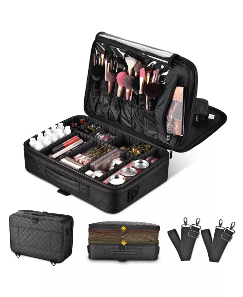 Portable Makeup Train Case Cosmetic Organizer Brush Holder Travel Bag Black - 1