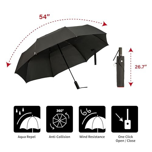 Portobello Large Travel Umbrella - 54 Inch Double Vented Canopy Folds Into Portable Size - Big Enough To Fit In 2 Adults - Auto Open Close Umbrellas for Rain Large Size - 3