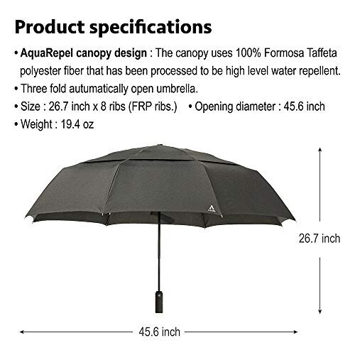 Portobello Large Travel Umbrella - 54 Inch Double Vented Canopy Folds Into Portable Size - Big Enough To Fit In 2 Adults - Auto Open Close Umbrellas for Rain Large Size - 4