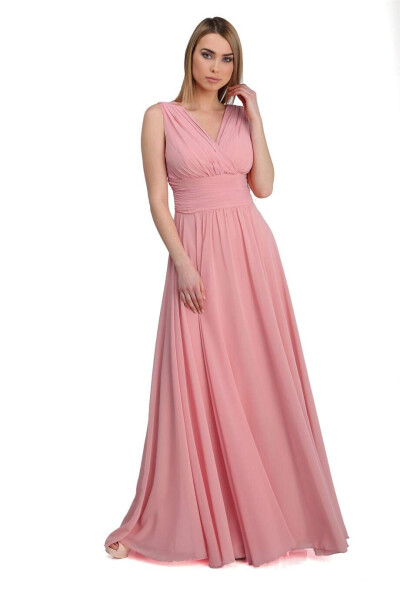 Powder Chiffon V-Neck Long Evening Dress - 1