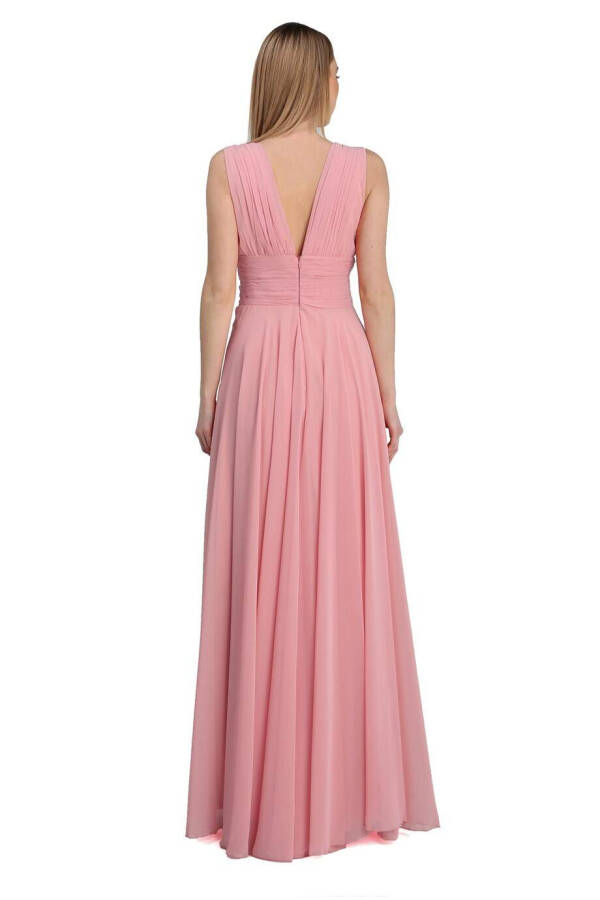 Powder Chiffon V-Neck Long Evening Dress - 2