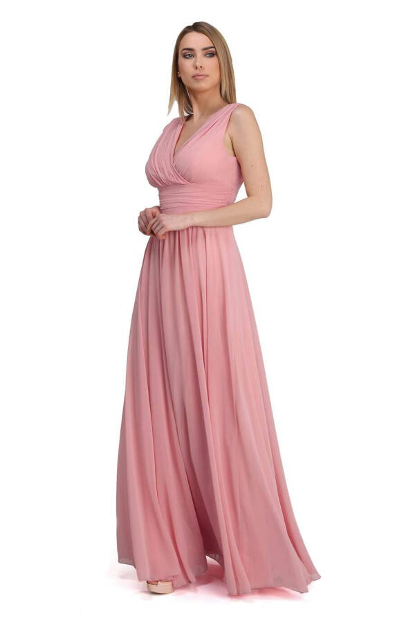 Powder Chiffon V-Neck Long Evening Dress - 3