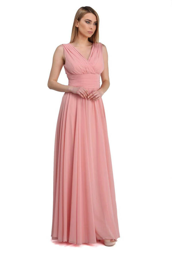 Powder Chiffon V-Neck Long Evening Dress - 4