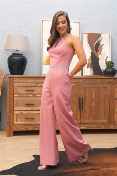 Powder Collar Waist Stone Jumpsuit - 1