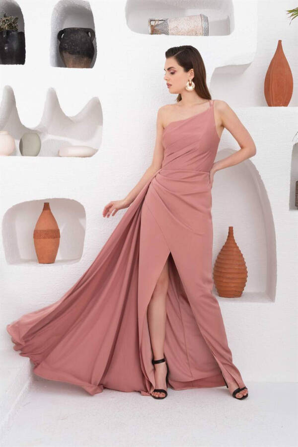 Powder Satin One Shoulder Long Evening Dress - 1