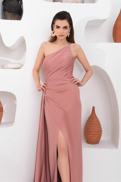 Powder Satin One Shoulder Long Evening Dress - 4