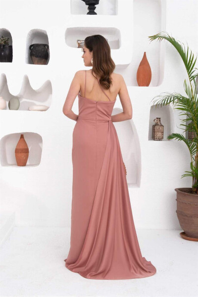 Powder Satin One Shoulder Long Evening Dress - 5