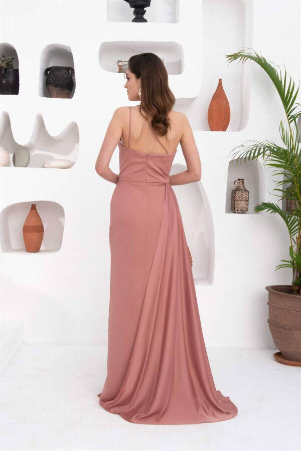 Powder Satin One Shoulder Long Evening Dress - 11