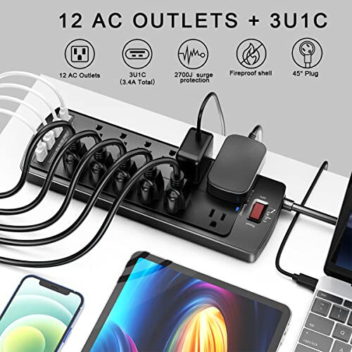 Power Strip, Nuetsa Surge Protector with 12 Outlets and 4 USB Ports, 6 Feet Flat Plug Extension Cord (1875W/15A) for Home, Office, Dorm Essentials, 2700 Joules, ETL Listed (Black) - 2