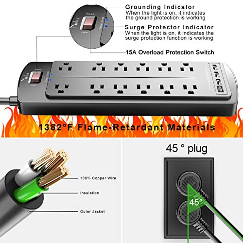 Power Strip, Nuetsa Surge Protector with 12 Outlets and 4 USB Ports, 6 Feet Flat Plug Extension Cord (1875W/15A) for Home, Office, Dorm Essentials, 2700 Joules, ETL Listed (Black) - 6