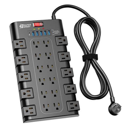 Power Strip, SUPERDANNY Surge Protector with 22 AC Outlets and 6 USB Charging Ports, 1875W/15A, 2100 Joules, 6.5Ft Flat Plug Heavy Duty Extension Cord for Home, Office, Dorm, Gaming Room, Black - 1