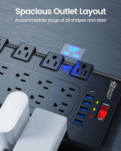 Power Strip, SUPERDANNY Surge Protector with 22 AC Outlets and 6 USB Charging Ports, 1875W/15A, 2100 Joules, 6.5Ft Flat Plug Heavy Duty Extension Cord for Home, Office, Dorm, Gaming Room, Black - 3