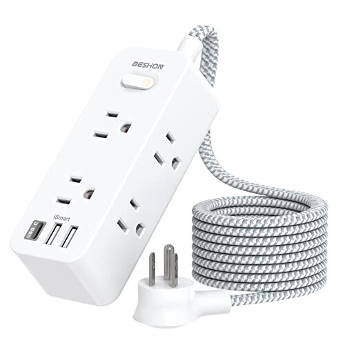 Power Strip Surge Protector, 5Ft Extension Cord, 6 Outlets with 3 USB Ports(1 USB C Outlet), 3-Side Outlet Extender, Wall Mount, Compact for Travel, Home, School, College Dorm Room and Office - 1