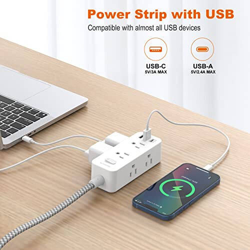 Power Strip Surge Protector, 5Ft Extension Cord, 6 Outlets with 3 USB Ports(1 USB C Outlet), 3-Side Outlet Extender, Wall Mount, Compact for Travel, Home, School, College Dorm Room and Office - 3