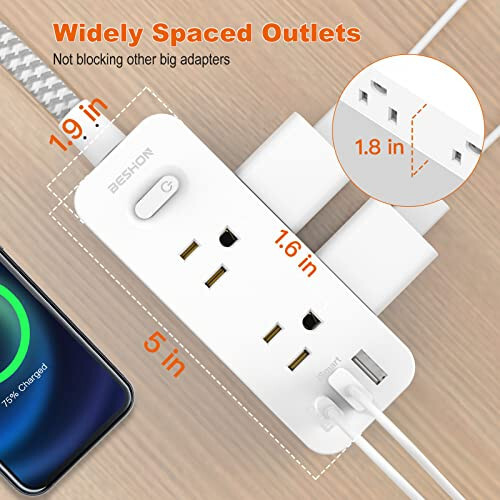 Power Strip Surge Protector, 5Ft Extension Cord, 6 Outlets with 3 USB Ports(1 USB C Outlet), 3-Side Outlet Extender, Wall Mount, Compact for Travel, Home, School, College Dorm Room and Office - 6