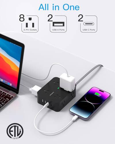 Power Strip Surge Protector, 8 Outlets with 4 USB Charging Ports(2 USB C), 3 Side Outlet Extender with 5 Ft Braided Extension Cord, Flat Plug, Wall Mount, Desk USB Charging Station for Home Office ETL - 2