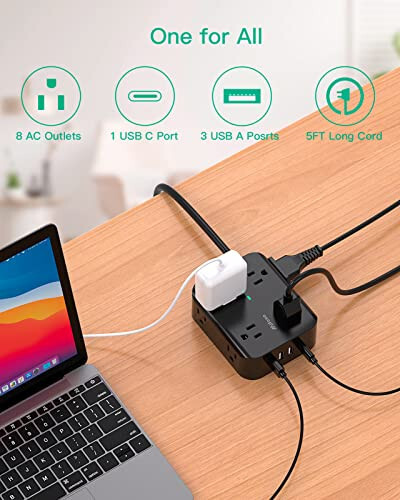 Power Strip Surge Protector - Flat Plug, Wall Mount, 8 Wide Outlets with 4 USB Ports (1 USB C), 5FT Heavy Duty Extension Cord with Multiple Outlets, Charging Station Overload Protection for Home Dorm - 2