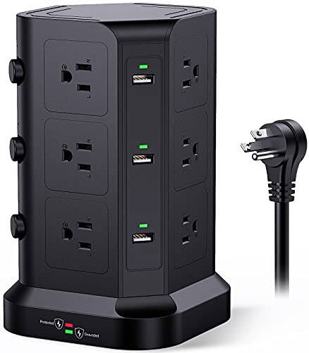 Power Strip Tower by KOOSLA, [15A 1500J] Surge Protector - 12 AC Multiple Outlets & 6 USB Ports, Flat Plug 14 AWG Heavy-Duty Extension Cord 6.5ft, Home Office Supplies, Dorm Room Essentials Black - 1