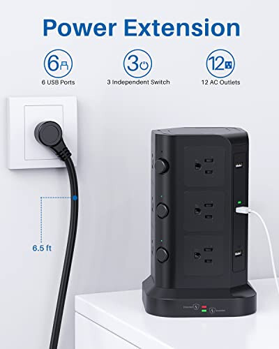 Power Strip Tower by KOOSLA, [15A 1500J] Surge Protector - 12 AC Multiple Outlets & 6 USB Ports, Flat Plug 14 AWG Heavy-Duty Extension Cord 6.5ft, Home Office Supplies, Dorm Room Essentials Black - 2