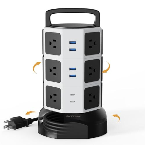 Power Strip Tower Surge Protector, JACKYLED 12 Outlets 6 USB (2 USB C) Charging Station, Extension Cord with Multiple Outlets, 1050J 1625W/13A Outlet Extender 6.5ft Extension Cord for Home Office - 1