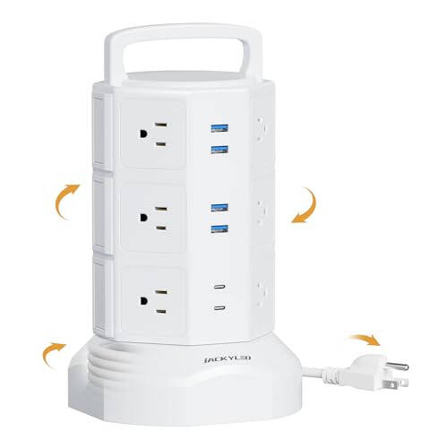 Power Strip Tower Surge Protector, JACKYLED 12 Outlets 6 USB (2 USB C) Charging Station, Extension Cord with Multiple Outlets, 1050J 1625W/13A Outlet Extender 6.5ft Extension Cord for Home Office - 1