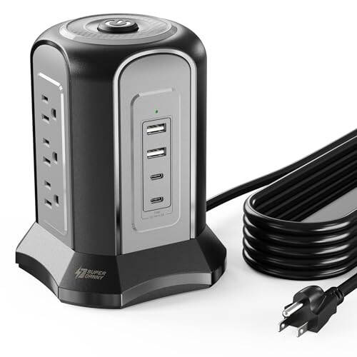 Power Strip Tower Surge Protector, SUPERDANNY Desktop Charging Station, 10 Ft Extension Cord, 9 Outlets, 4 USB Ports, 1080 Joules, 3-Prong, Grounded, Multiple Protections for Home, Office, Black - 1