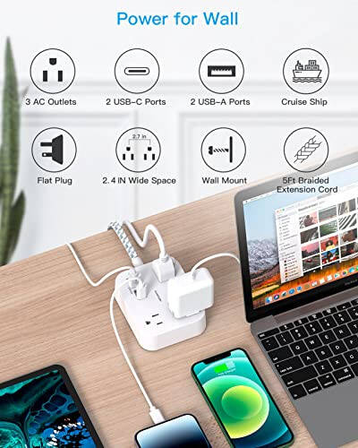 Power Strip with USB, 5 Ft Thin Flat Plug Extension Cord with 3 Outlets 4 USB Ports(2USB C) Wall Mount Desk Charging Station, Non Surge Protector for Travel Cruise Ship College Dorm Room Essentials - 2