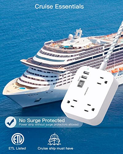 Power Strip with USB, 5 Ft Thin Flat Plug Extension Cord with 3 Outlets 4 USB Ports(2USB C) Wall Mount Desk Charging Station, Non Surge Protector for Travel Cruise Ship College Dorm Room Essentials - 6