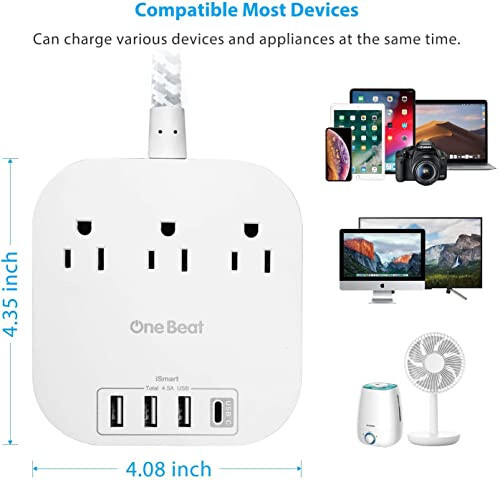 Power Strip with USB C, 3 Outlets 4 USB Ports (22.5W/4.5A) Desktop Charging Station, Flat Plug, 5ft Braided Extension Cord, Non Surge Protector for Travel, Cruise Ship, ETL Listed - 7